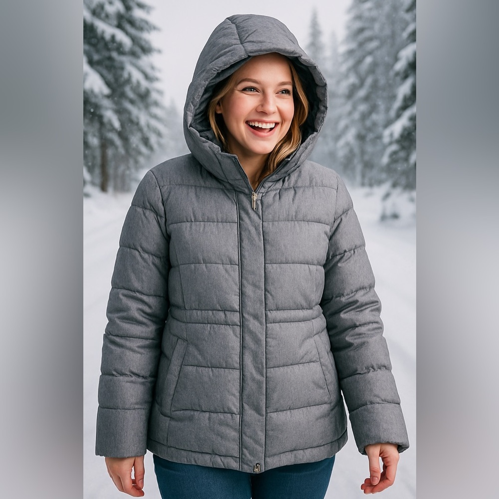 GAP Mid Puffer Jacket Silver Heather Hooded Faux-Fur Lined – Women’s Size XL - Picture 3 of 17